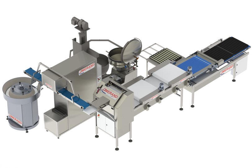Línea automática de producción de baguettes y pan para panadería semi industriales con una mini cámara divisora horizontal volumétrica y elevador de cuba