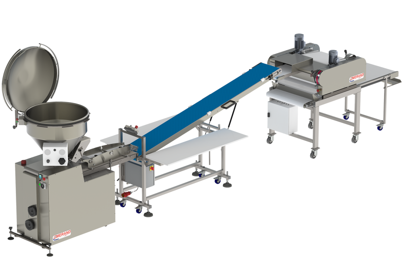 línea automática de producción de pan compuesta por una divisora volúmetrica, una cinta transportadora y una formadora horizontal para panadería